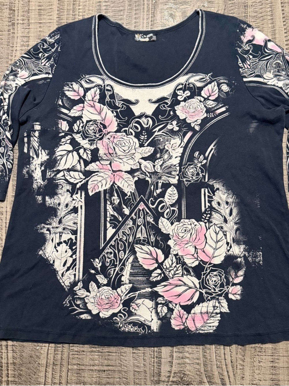 Vanilla Sugar Navy Long Sleeve Scoop Neck Top with Pink Floral Motif